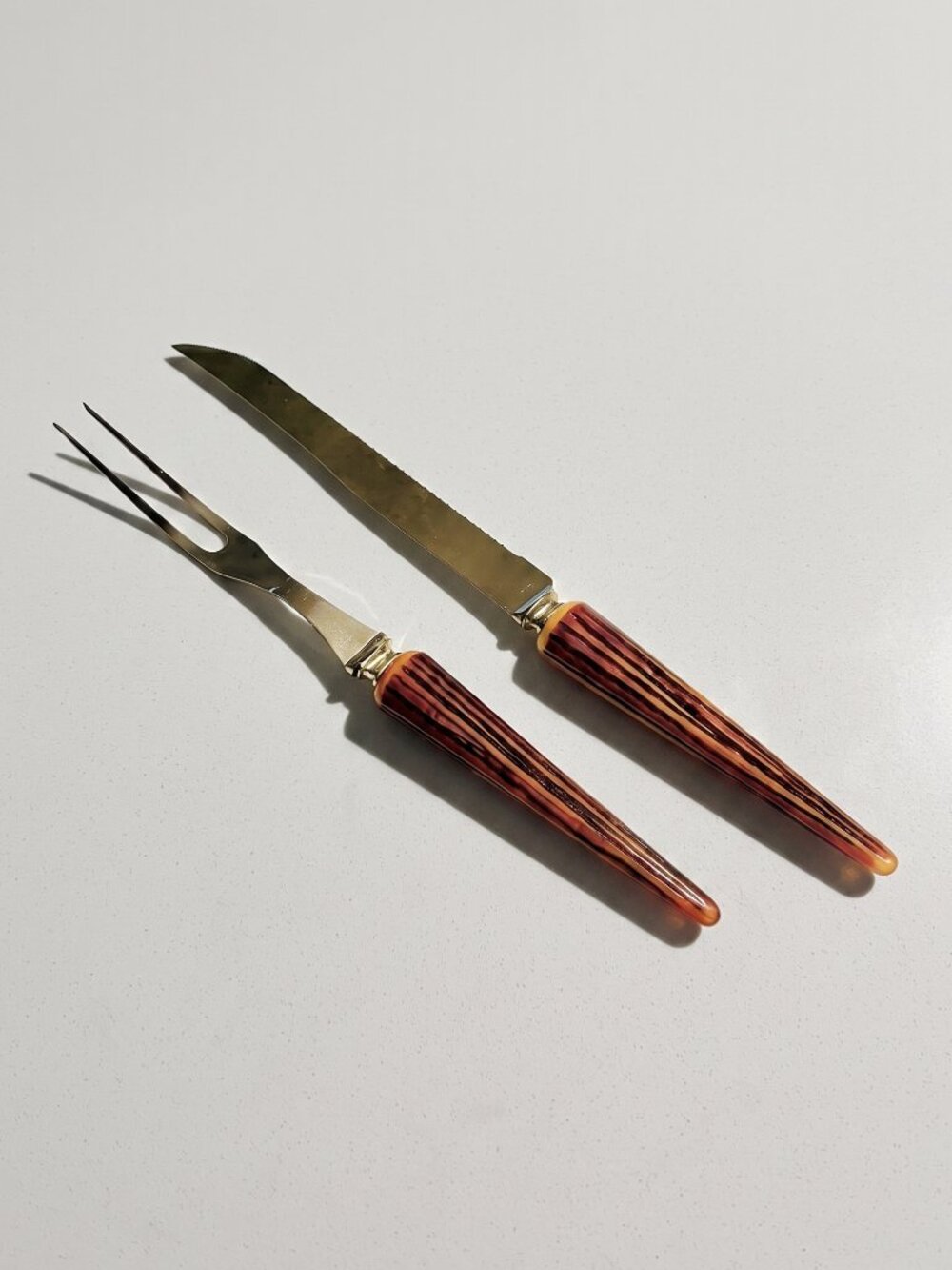 Vintage Carving Knife Fork Set Faux Wood Textured Handles Stainless Steel USA